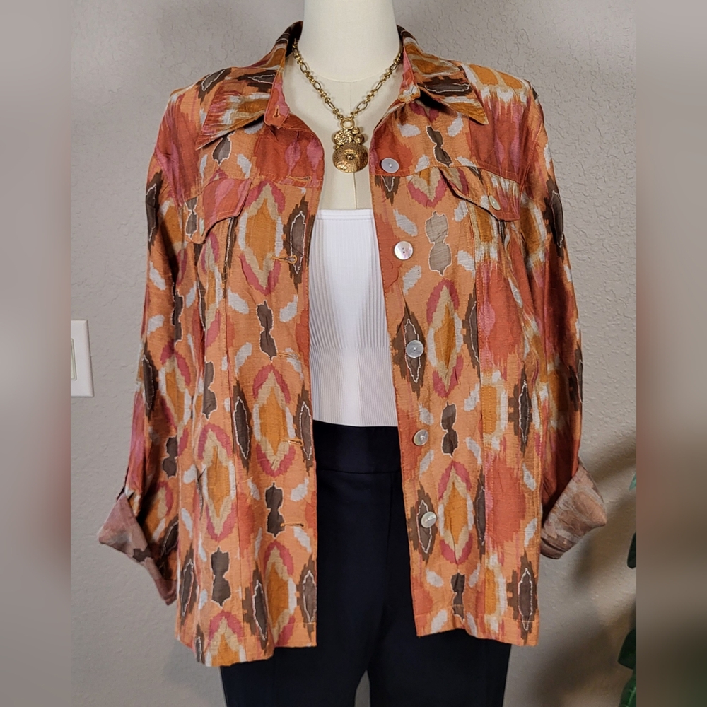 RUBY RD. Rust Southwestern Print Button Up Shirt Jacket  - Plus Size 18W